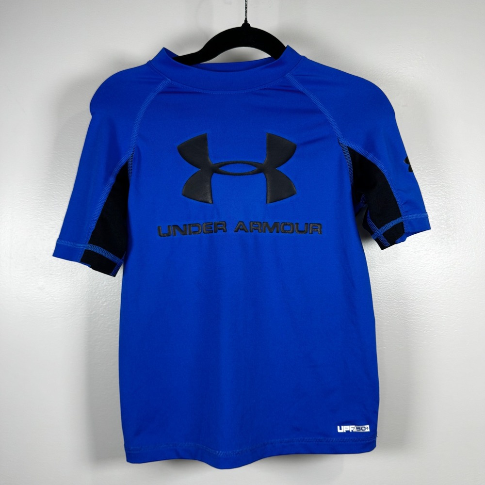 Under Armour Boys HeatGear Rash Guard Blue Black UPF 50+ Swim Shirt Sz 6 Beach